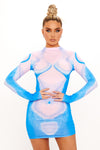 Blue High Neck Body Print Long Sleeve Mini Dress