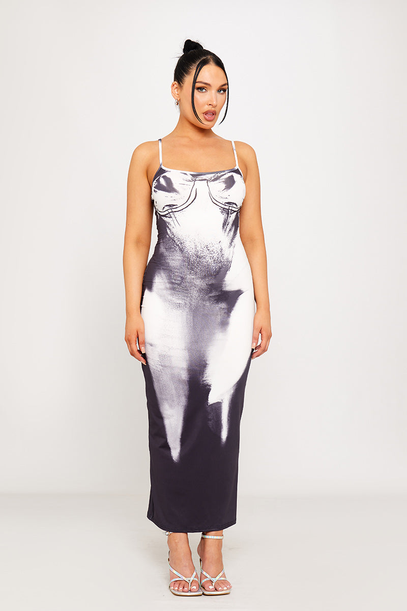 Black Body Heat Print Strappy Bodycon Maxi Dress