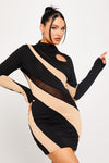 Black High Neck Mesh Panel Detail Mini Dress