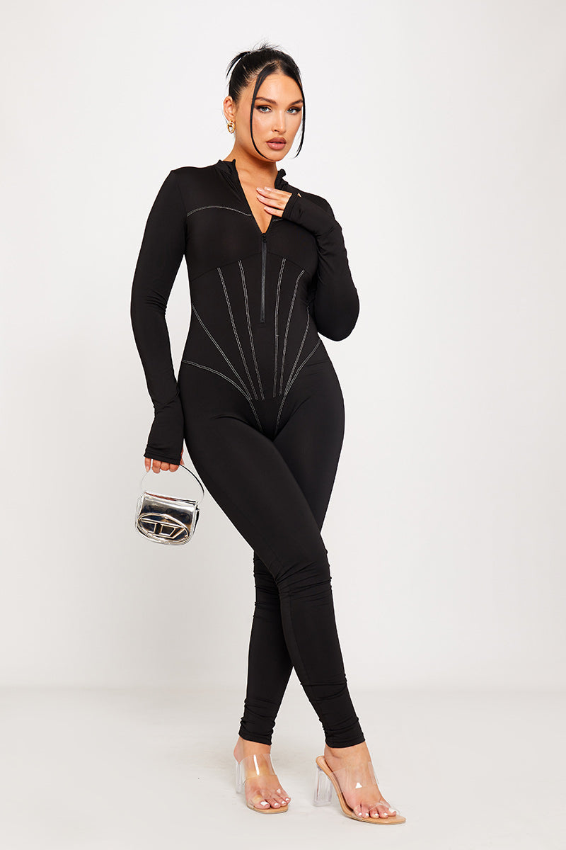 Black High Neck Corset Detail Long Sleeve Jumpsuit