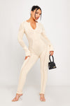 Beige Knitted Zip Detail Contour Jumpsuit