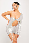 Silver Metallic One Shoulder Cut Out Ruched Mini Dress