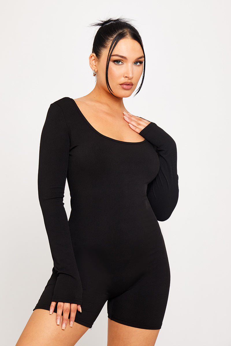 Black Ribbed Scoop Neck Long Sleeve Playsuit