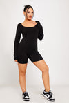 Black Ribbed Scoop Neck Long Sleeve Playsuit