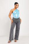 Blue Metallic One Shoulder Ruched Bodysuit