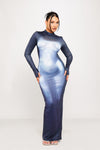 Blue High Neck Body Heat Print Long Sleeve Maxi Dress