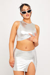 Silver Metallic Crop Top & Split Detail Mini Skirt Co-Ord