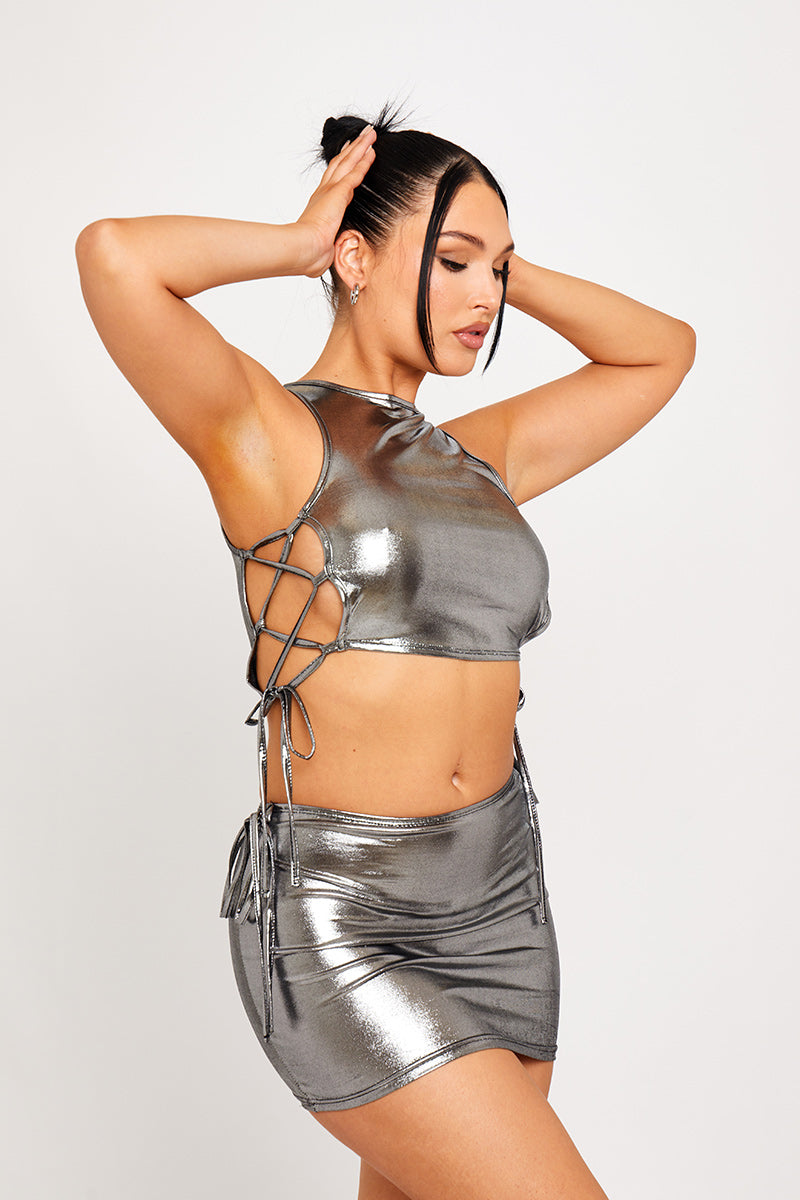 Silver Metallic Sleeveless Side Tie Detail Crop Top