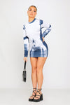 Blue & White Body Art Print High Neck Mini Dress