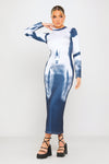 Blue & White Body Art Print High Neck Midi Dress