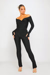 Black Plunge Long Sleeve Wrap Top & Split Leggings Co-Ord