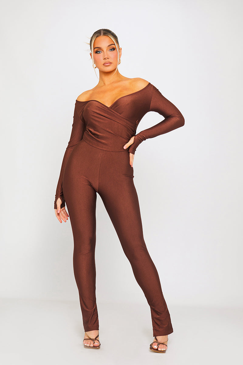 Chocolate Plunge Long Sleeve Wrap Top & Split Leggings Co-Ord