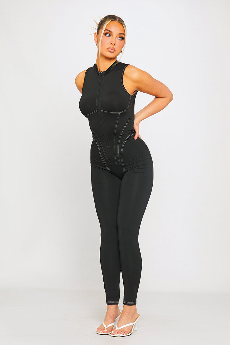 Black High Neck Corset Zip Detail Sleeveless Jumpsuit
