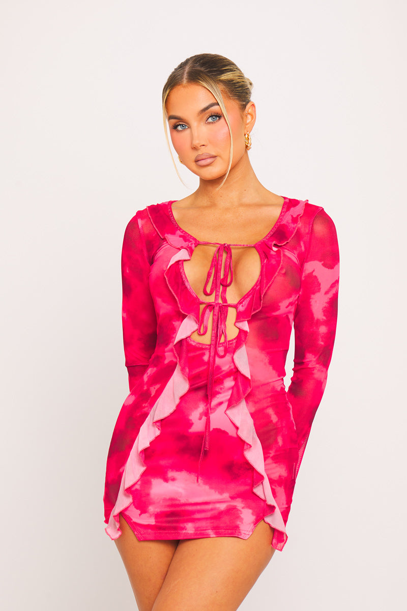 Red Printed Mesh Ruffle Tie Detail Long Sleeve Mini Dress