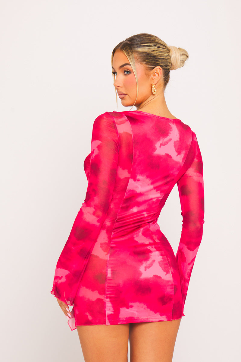 Red Printed Mesh Ruffle Tie Detail Long Sleeve Mini Dress