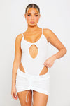 White Sheer Knit Keyhole Bodysuit & Ruched Mini Skirt Co-Ord