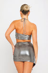 Silver Metallic Asymmetric Ruched Tie Detail Mini Skirt