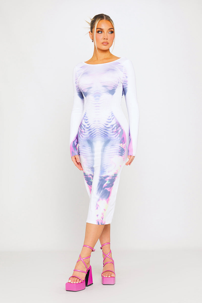 White Body Art Print Backless Long Sleeve Midi Dress