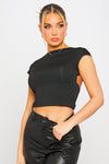 Black Open Back Seamless Cap Sleeve Crop Top