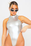 Silver Metallic High Neck Racer Cut Sleeveless Bodysuit