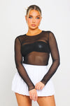 Black Sheer Mesh Metallic Bustier Long Sleeve Top