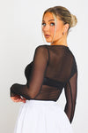 Black Sheer Mesh Metallic Bustier Long Sleeve Top