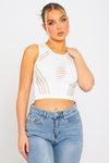 White Multi Cut Out Sleeveless Racer Crop Top