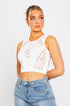 White Multi Cut Out Sleeveless Racer Crop Top