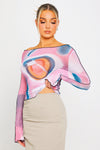 Pink Mesh Galaxy Print Contrast Trim Long Sleeve Top