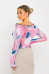 Pink Mesh Galaxy Print Contrast Trim Long Sleeve Top