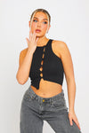 Black Ribbed Asymmetric Button Detail Crop Top