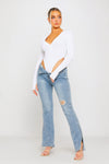 White Ribbed Plunge High Leg Long Sleeve Bodysuit