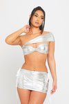 Silver Metallic Ruched Bandeau Crop Top & Mini Skirt Co-Ord