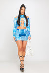 Blue Denim Print Cut Out Detail Crop Top & Mini Skirt