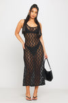 Black Lace Sheer Strappy Open Back Bodycon Midi Dress