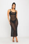 Black Lace Sheer Strappy Open Back Bodycon Midi Dress