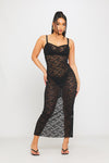 Black Floral Lace Sheer Plunge Bodycon Midi Dress