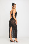 Black Floral Lace Sheer Plunge Bodycon Midi Dress