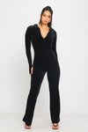 Black Velvet Flared Leg Hooded Zip Front Jumpsuit