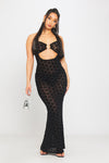 Black Mesh Embossed Halter Cut Out Detail Maxi Dress