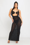 Black Mesh Embossed Halter Cut Out Detail Maxi Dress