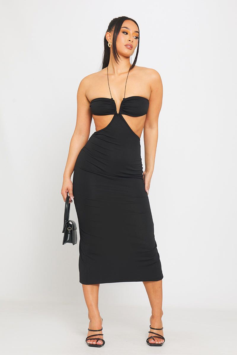 Black Halter Spaghetti Strap Cut Out Detail Midi Dress