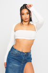 White Rib Knit Square Neck Long Sleeve Crop Top