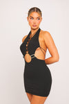 Black Halter Cut Out Tie Detail Plunge Mini Dress