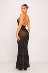 Black Zebra Embossed Sheer Backless Mermaid Maxi Dress