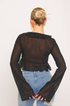 Black Sheer Ruffle Trim Tie Detail Flared Sleeve Top