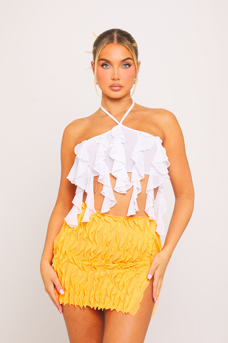 Orange Ruffle Split Front Detail High Waist Mini Skirt