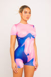 Pink Body Heat High Neck Short Sleeve Playsuit