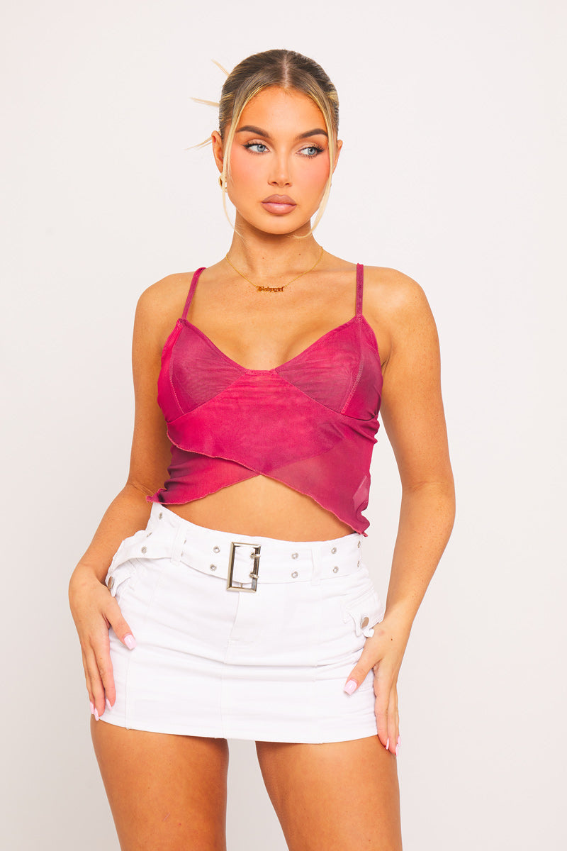 Burgundy Sheer Mesh Bustier Cami Crop Top