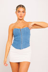 Blue Denim Bustier Boned Lace Back Corset Crop Top